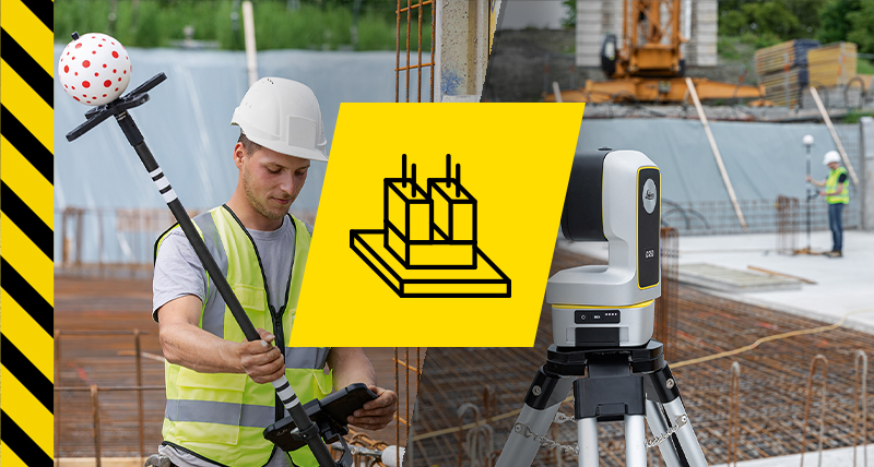 Het Leica iCON iCS50 robotbouwtool gebruikte uitzetpunten met de vPole en markeert plafondboringen voor installatie in een verlaagd plafond.